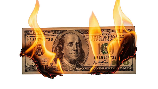 Burning one hundred dollar bill isolated PNG, US currency on fire for financial crisis or economic recession concept