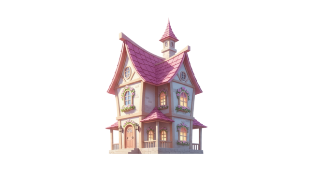 Whimsical pink house PNG isolated on transparent background, fairytale cottage with flowers for fantasy and children s design