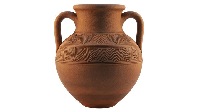 Ornate terracotta amphora PNG isolated on transparent background, ancient Greek vase with handles and geometric pattern, pottery for historical design
