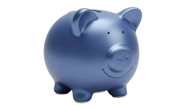 Blue piggy bank isolated PNG, savings and investment concept for financial planning and money management, on transparent background