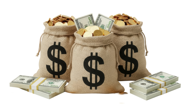 Three burlap sacks full of gold coins and stacks of hundred dollar bills isolated on transparent background, wealth and prosperity concept PNG - Powered by Adobe