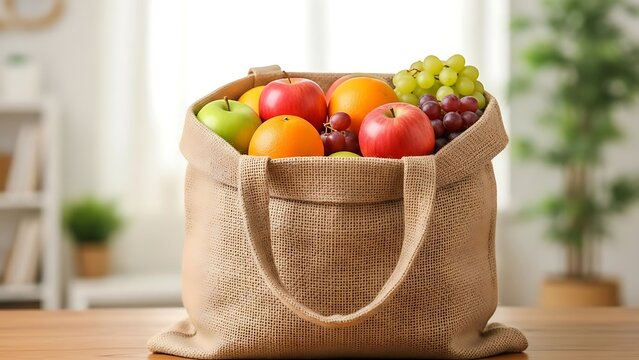 Fresh Fruit in Reusable Cloth Bag on Wooden Surface in Bright Home Setting - Powered by Adobe