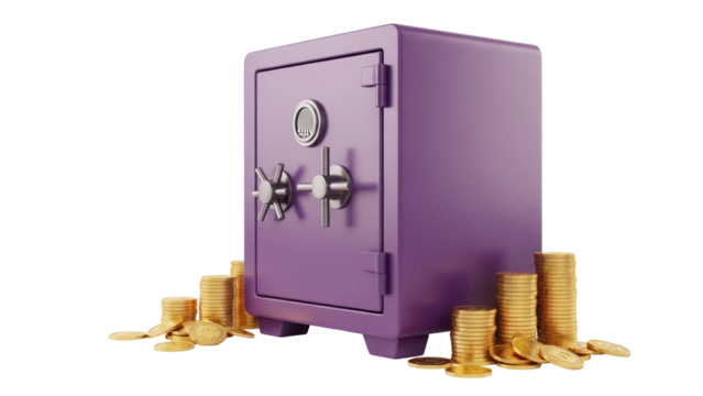 Purple safe with gold coins isolated PNG, security and savings concept for finance, banking, and investment themes on transparent background