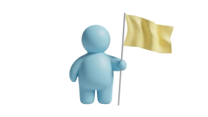 Cute blue clay figure holding a yellow flag isolated PNG, 3D render of a cartoon character for design and creative projects