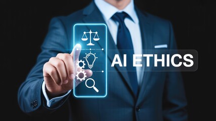 AI ethics concept with a businessman touching digital interface to represent the ethical considerations of artificial intelligence, innovation, and strategy