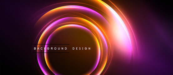 Abstract neon circles radiate vibrant orange, purple hues. Dark background emphasizes glowing concentric rings, modern design element.