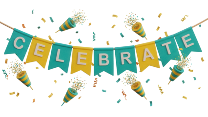 Festive celebrate banner with party poppers PNG isolated on transparent background, colorful decoration for birthday and special occasion
