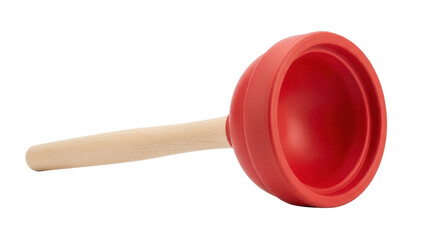 Red rubber sink plunger with wooden handle isolated PNG, household tool for unclogging drains on transparent background