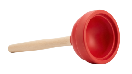 Red rubber sink plunger with wooden handle isolated PNG, household tool for unclogging drains on transparent background