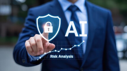 Secure AI integration for your business success concept with confident professional using data protection shield for cutting edge technology solutions