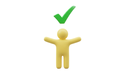 Yellow clay figure with green check mark isolated PNG, concept of approval and success on transparent background