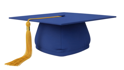 Blue graduation cap PNG isolated on transparent background, academic mortarboard with gold tassel for commencement ceremony and educational design