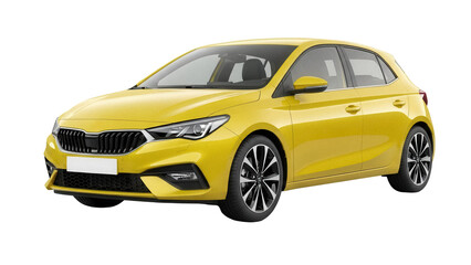 Yellow hatchback car PNG isolated on transparent background, modern compact vehicle for urban commuting and family transportation