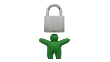 Green clay figure isolated PNG with arms raised under a padlock, security concept on transparent background