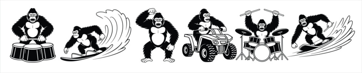 bundle black and white cartoon gorillas engaged in various  © Toob