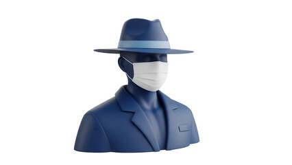 Blue suited man with fedora and face mask isolated PNG, 3D rendering of a person wearing a suit and hat for design use