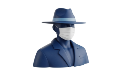 Blue suited man with fedora and face mask isolated PNG, 3D rendering of a person wearing a suit and hat for design use