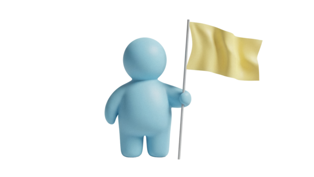 Cute blue clay figure holding a yellow flag isolated PNG, 3D render of a cartoon character for design and creative projects