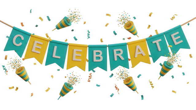 Festive celebrate banner with party poppers PNG isolated on transparent background, colorful decoration for birthday and special occasion