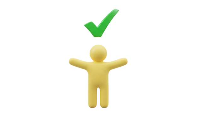 Yellow clay figure with green check mark isolated PNG, concept of approval and success on transparent background