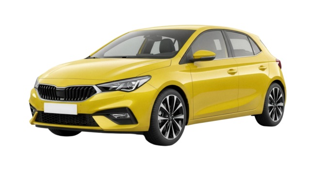 Yellow hatchback car PNG isolated on transparent background, modern compact vehicle for urban commuting and family transportation