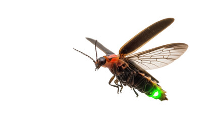Glowing firefly PNG isolated on transparent background, bioluminescent insect with wings for nature and summer designs