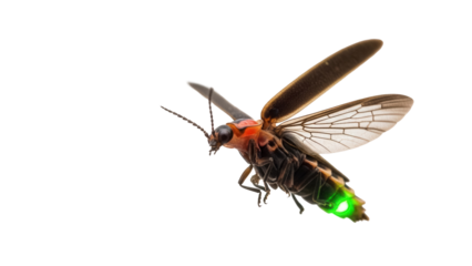 Glowing firefly PNG isolated on transparent background, bioluminescent insect with wings for nature and summer designs
