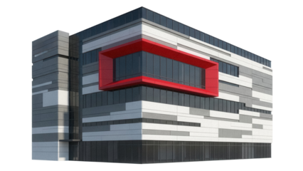 Modern office building with red accent isolated PNG, contemporary architecture on transparent background for design and commercial use