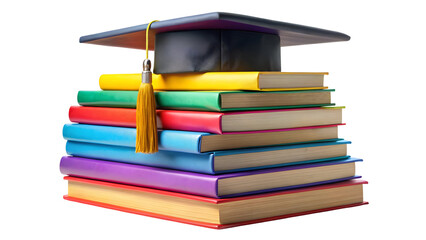 Graduation cap rests on colorful books symbolizing academic achievement and the journey of learning, perfect for education and success themed projects