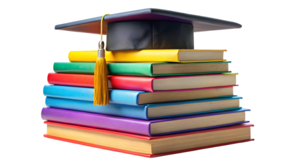 Graduation cap rests on colorful books symbolizing academic achievement and the journey of learning, perfect for education and success themed projects
