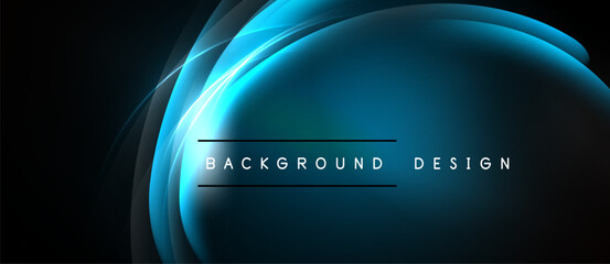 Abstract blue light curves form elegant backdrop. Text reads background design centered below glowing shapes. Dark space surrounds bright elements.