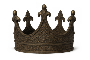 Ornate medieval crown representing royalty, power, and leadership, antique bronze finish, transparent background