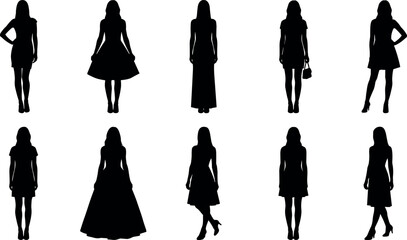 Women Dress Silhouettes in Stylish Poses, Fashion Vector Icons for Design, Apparel, Pattern Projects - flavector