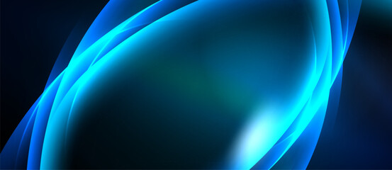 Fototapeta premium Abstract blue waves, flowing curves, dark background. Smooth gradients create dynamic visual effect. Light source emanates from center.