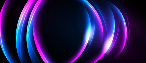 Abstract neon lights form curved shapes against dark background. Vivid colors create dynamic visual effect.