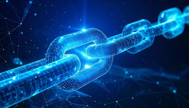 Glowing blue digital chain across dark sci-fi landscape.