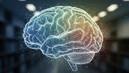 Digital representation of human brain with glowing particles around it