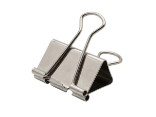 Medium metal binder clip featuring sturdy folded frame, polished wire handles and simple minimal office accessory shape, isolated on white and transparent background, PNG premium cutout
