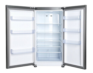 Modern, open double-door refrigerator interior with shelves and empty compartments