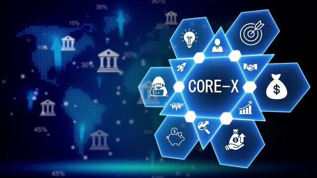 Digital abstract infographic with CORE- X text and hexagonal icons on a world map background analytics