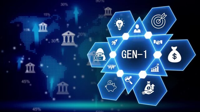 Digital abstract infographic with GEN-1 text and hexagonal icons on a world map background analytics