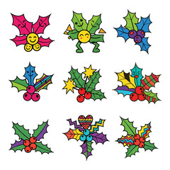 Obraz premium Fun Holly Leaves Collection - Colorful Playful Flat Botanical Vector Set for Kids