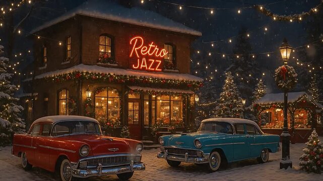 Snowy retro jazz caf&eacute; scene with vintage cars, warm glowing lights, Christmas decorations, and a charming nostalgic winter atmosphere at night.