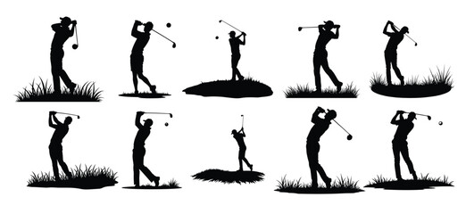 Black silhouette golf players swinging clubs on grass