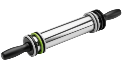 Adjustable rolling pin with rings baking tool featuring smooth cylindrical body, removable thickness guides and ergonomic grip, isolated on white and transparent background, PNG high clarity display
