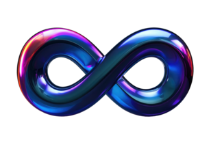 A glossy, metallic infinity symbol in shades of blue, purple, and pink, on a black backdrop
