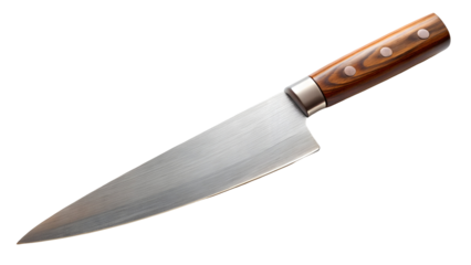 Sharp chef's knife with wooden handle ready for gourmet meals, perfect for culinary blogs, cooking demos, and professional kitchen designs