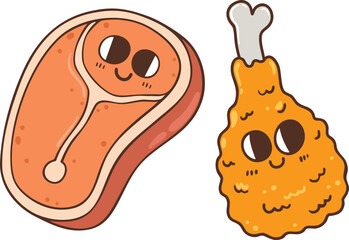 Cute Chicken leg with steak meat cartoon hand drawn character illustration