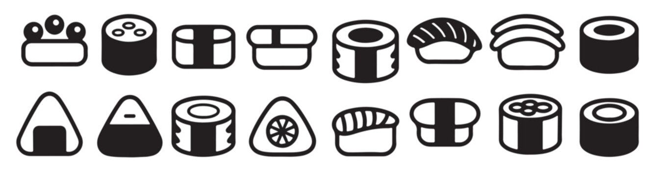 collection of black and white sushi icons including maki