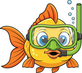 Fish, illustration, with, snorkel, mask, cartoon, underwater, bubbles, swimming, cheerful, orange, fins, blue, eyes, vector, content, marine, life, playful, aquatic, character, fun